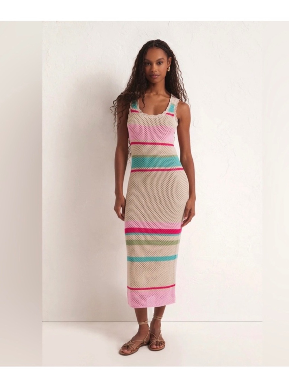 Z Supply Ibiza Multicolor Crochet Midi Sweater Dress Small